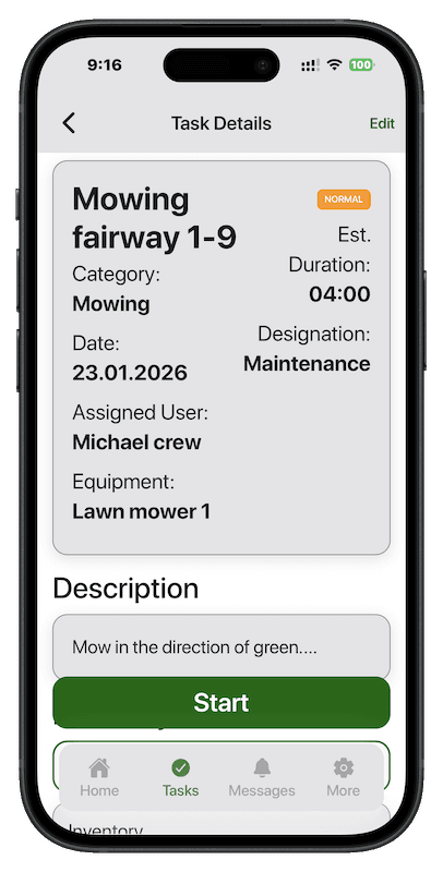 Golf Manager App Task view