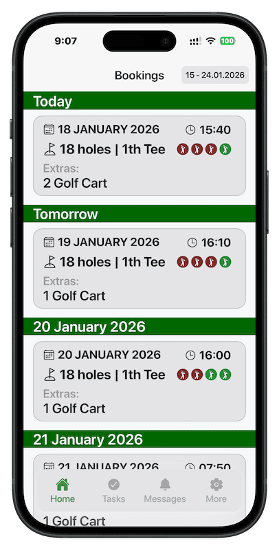 Golf Manager App Bookings view