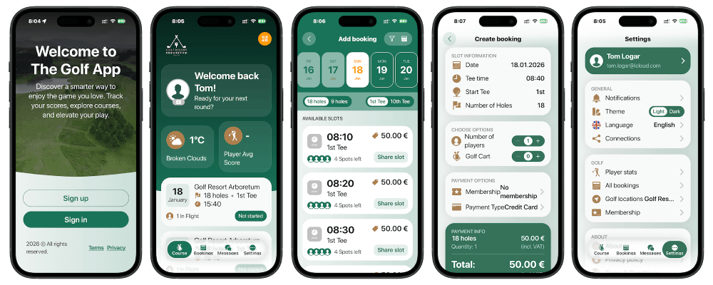 The Golf App screens