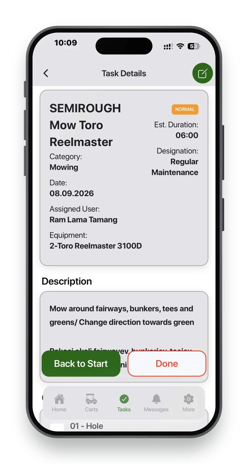 A maintenance task in the crew app showing category, estimated duration, assigned person, equipment and instructions