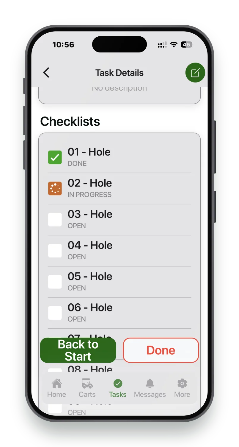 A crew checklist in progress showing holes marked done, in progress and open