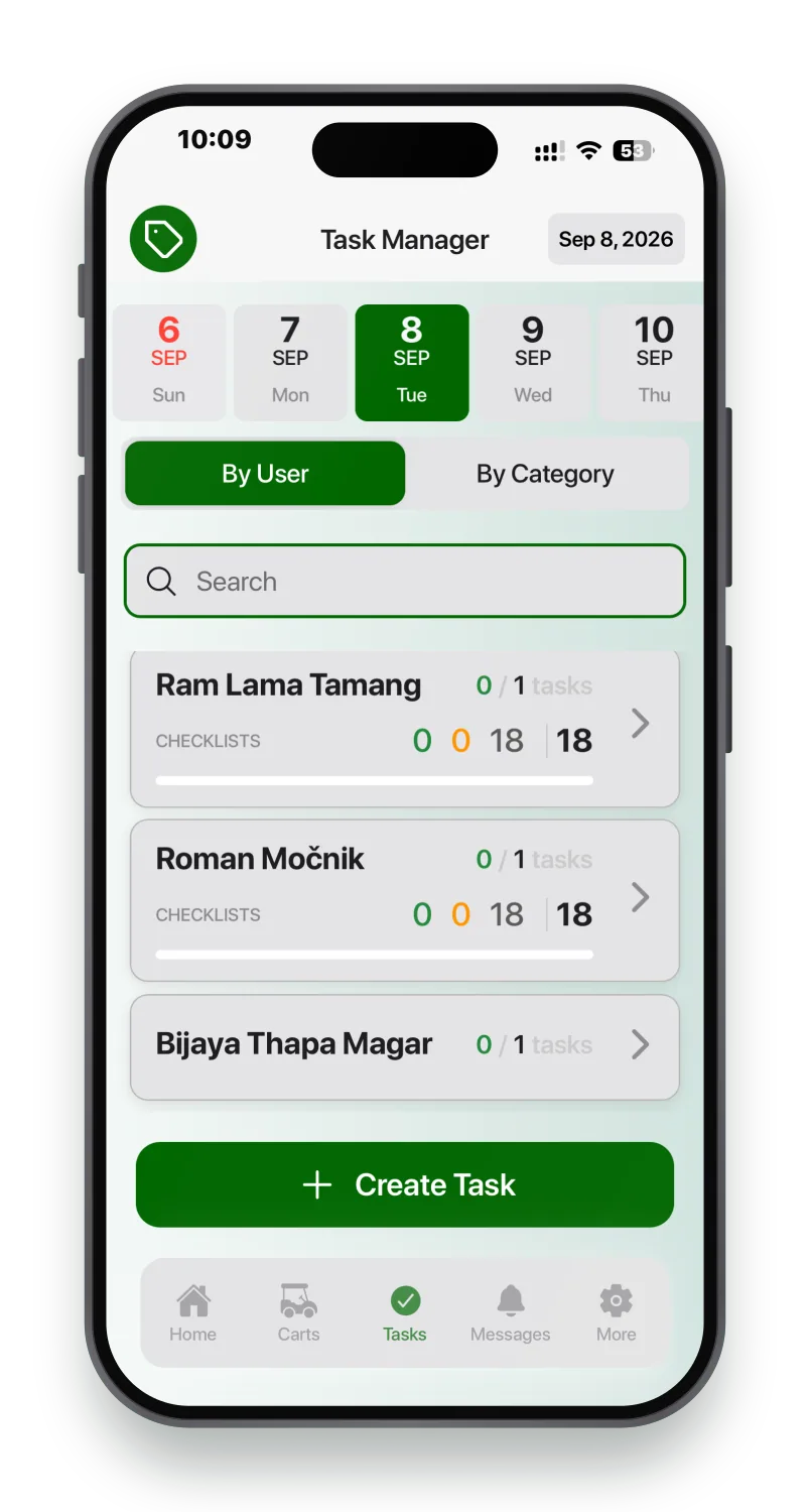 The crew app task manager showing each team member's tasks and checklist progress for the day