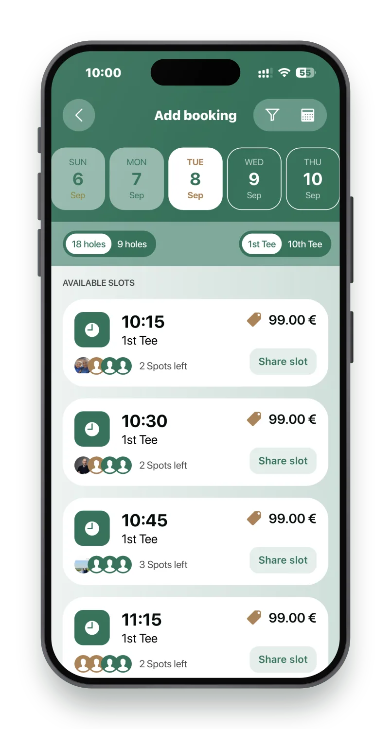 Booking a tee time in The Golf App, showing available slots with price, tee and spots left