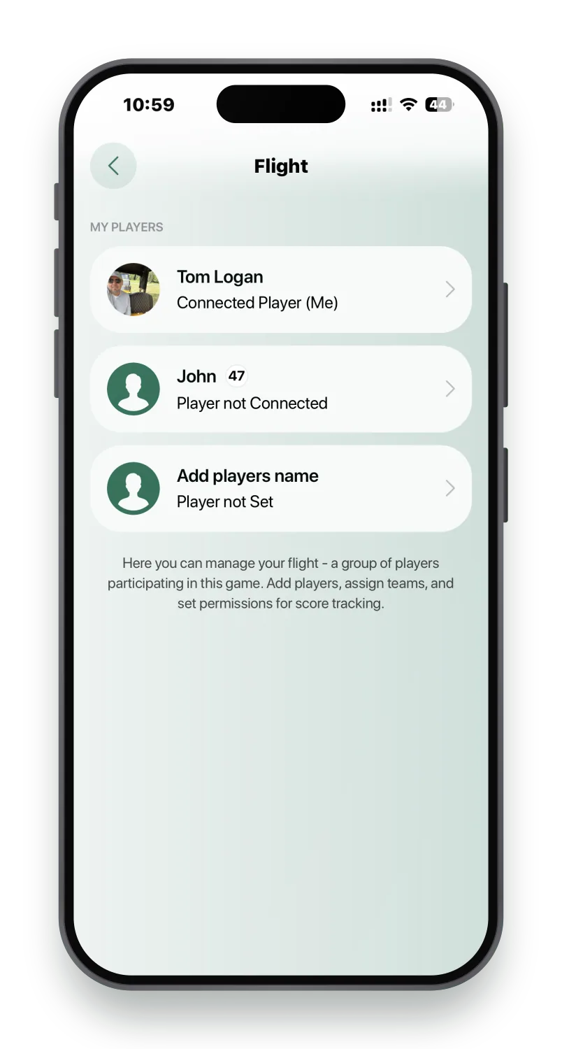 Managing a flight in The Golf App, adding players and setting score tracking permissions
