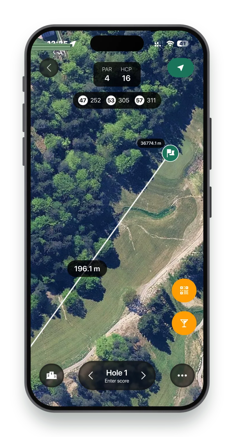 Satellite view of the hole in The Golf App during play, showing distance to the pin and the score entry bar