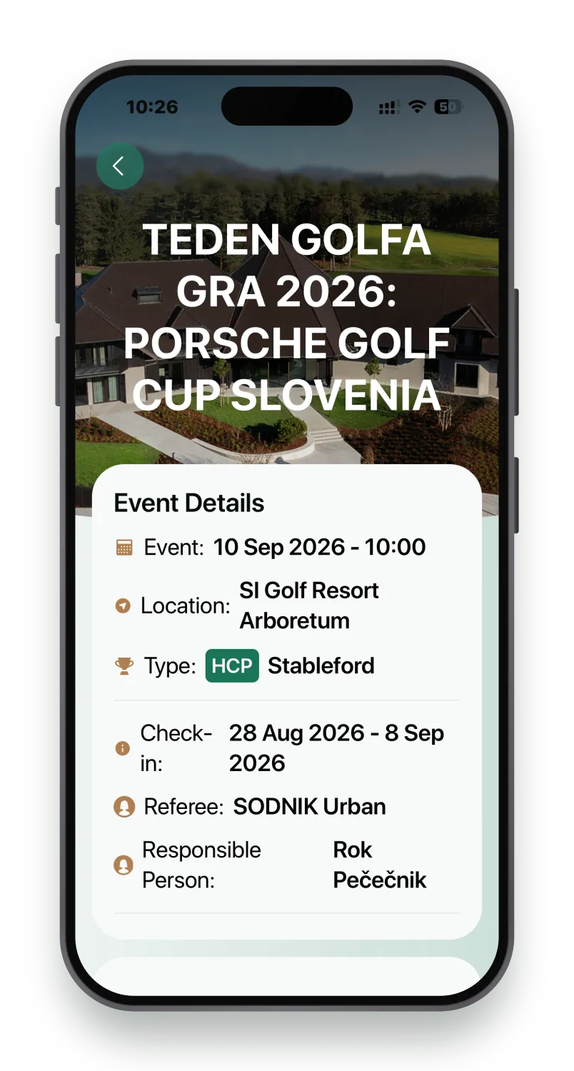 A confirmed booking in The Golf App with game format and flight configuration, ready to start the round