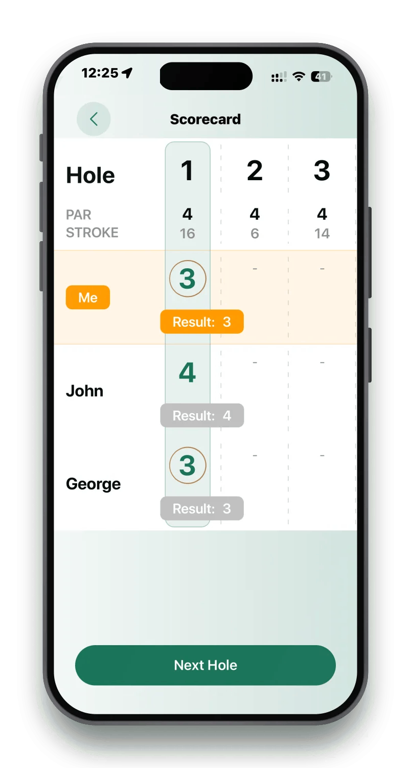 A live scorecard in The Golf App showing par, stroke index and running results for three players across the front nine